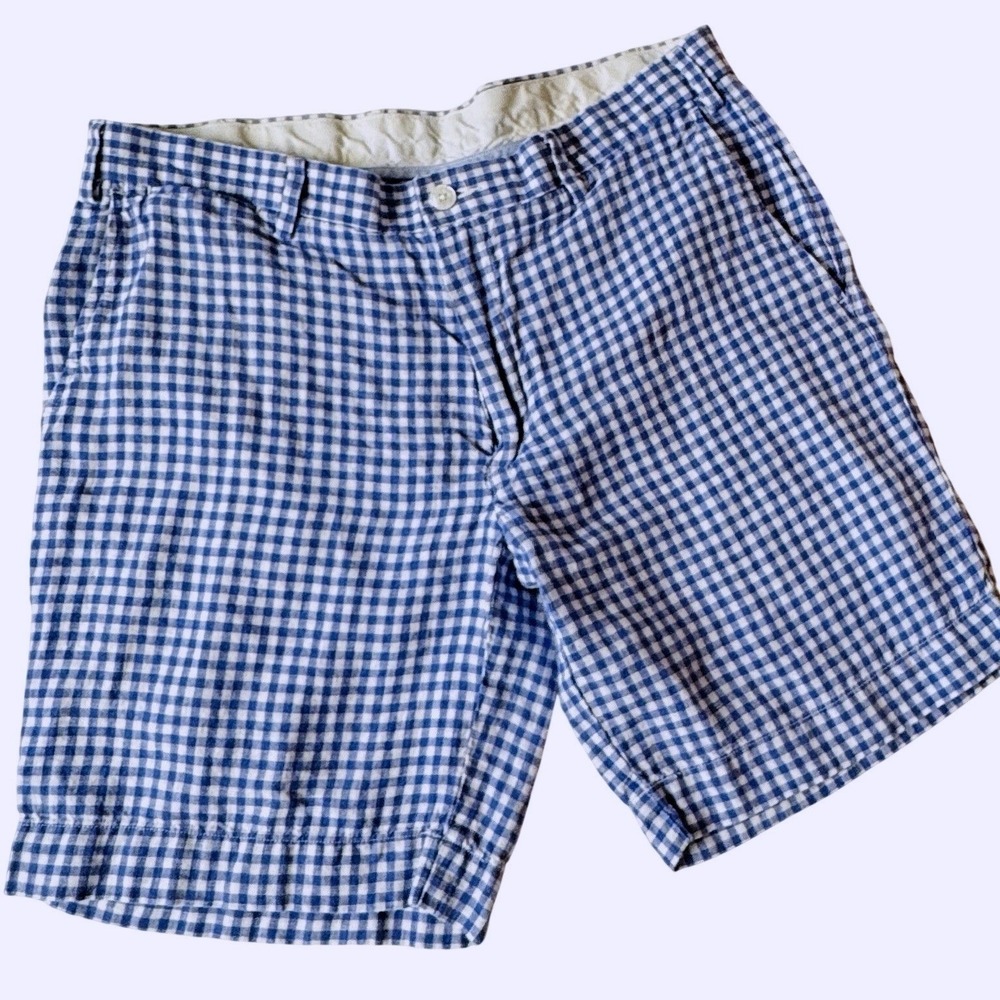 Ralph Lauren Vinatge 100% Linen Shorts Men's 32 Straight Fit Blue Gingham Check